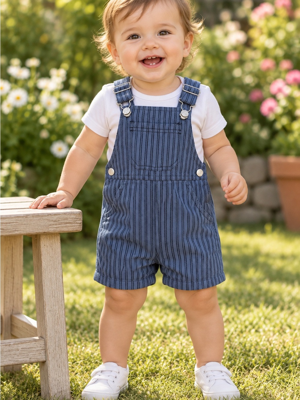 So Cute baby blue pinstripe short overalls romper 9–12 months NWT